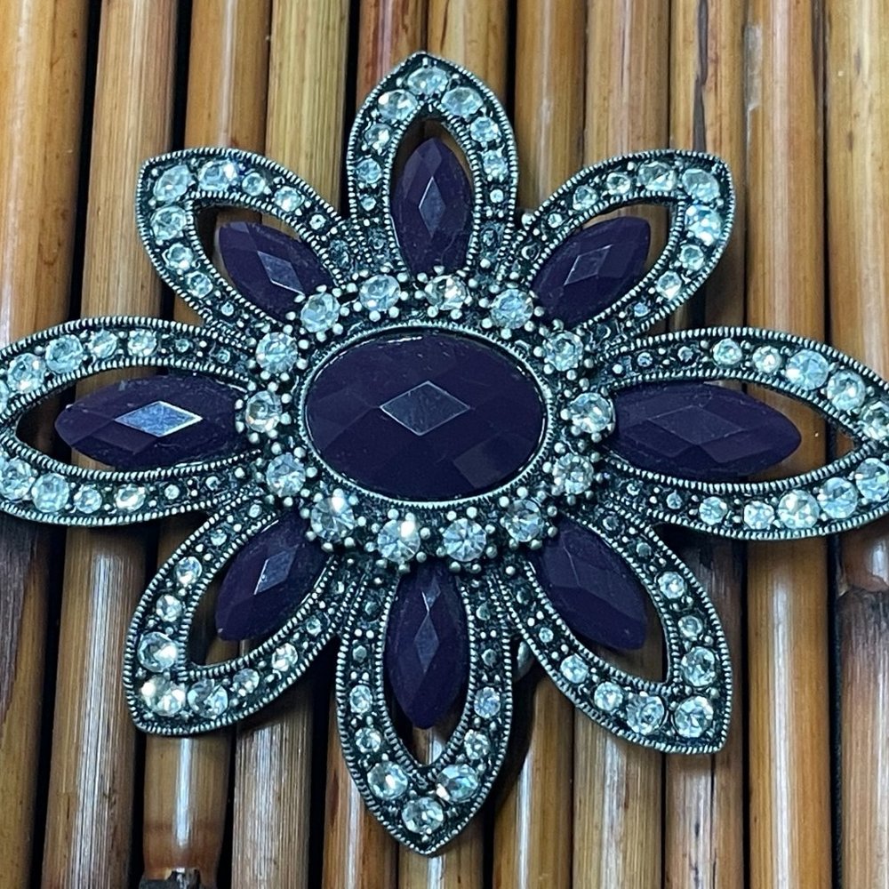 VINTAGE RHINESTONE W/PURPLE CABOCHON STAR FLOWER BIG HUGE BELT BUCKLE